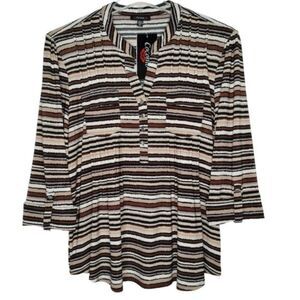 Cocomo Women's Size XL Brown Multicolor Stripe Print Pintuck 3/4 Sleeve Top